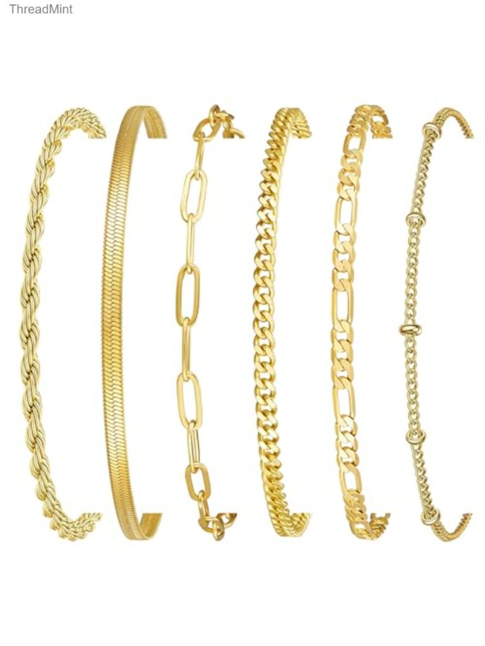 6-Piece 18K Gold Plated Bracelet Stack, Stainless Steel Link Chains